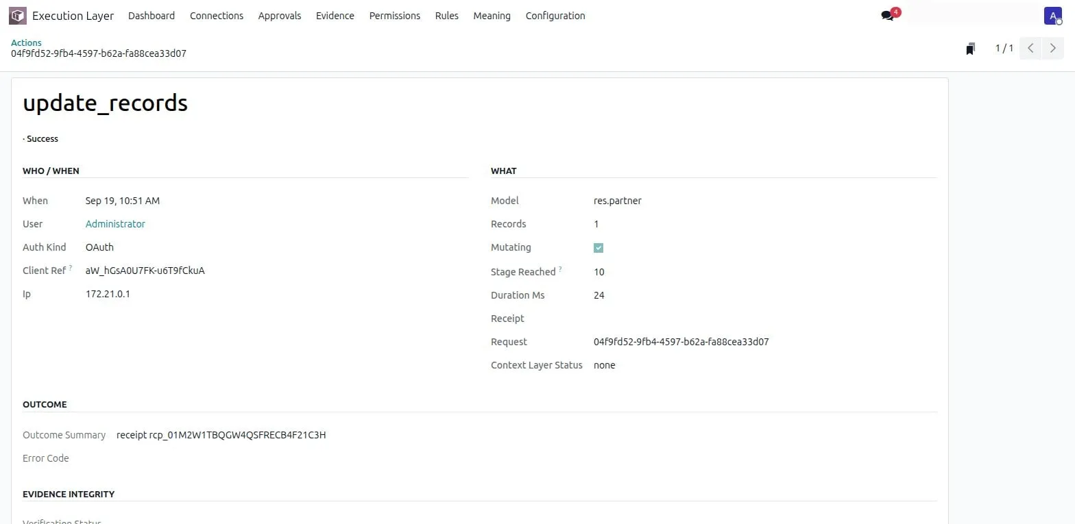 A successful update_records action detail: who and when, the model and records touched, the stage reached, the receipt reference, and the evidence-integrity block with verification status, chain sequence, and row hash.