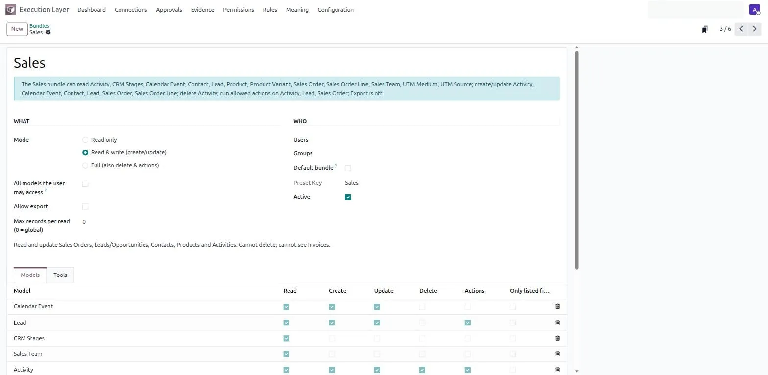A bundle form: the generated plain-language sentence at the top, the mode radio, and the Models tab with a per-model grid of Read, Create, Update, Delete, and Actions, plus a per-field sub-list.