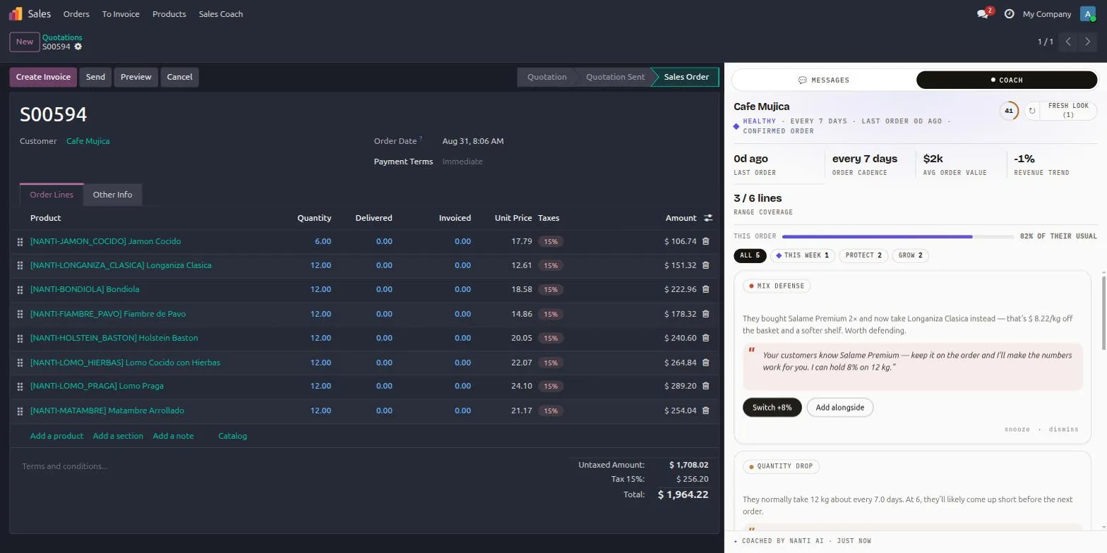 The Nanti Sales Coach panel still coaching on a confirmed Odoo sales order, catching a downgraded product with a mix-defense card and a short quantity with a quantity-drop card.