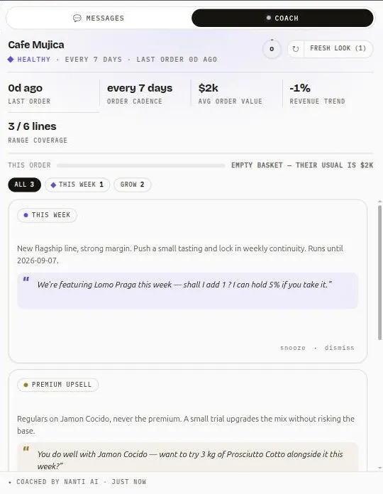 The real Nanti Sales Coach panel inside Odoo 19: the customer's health, order cadence, and average order value, with coaching cards and the exact words to say.