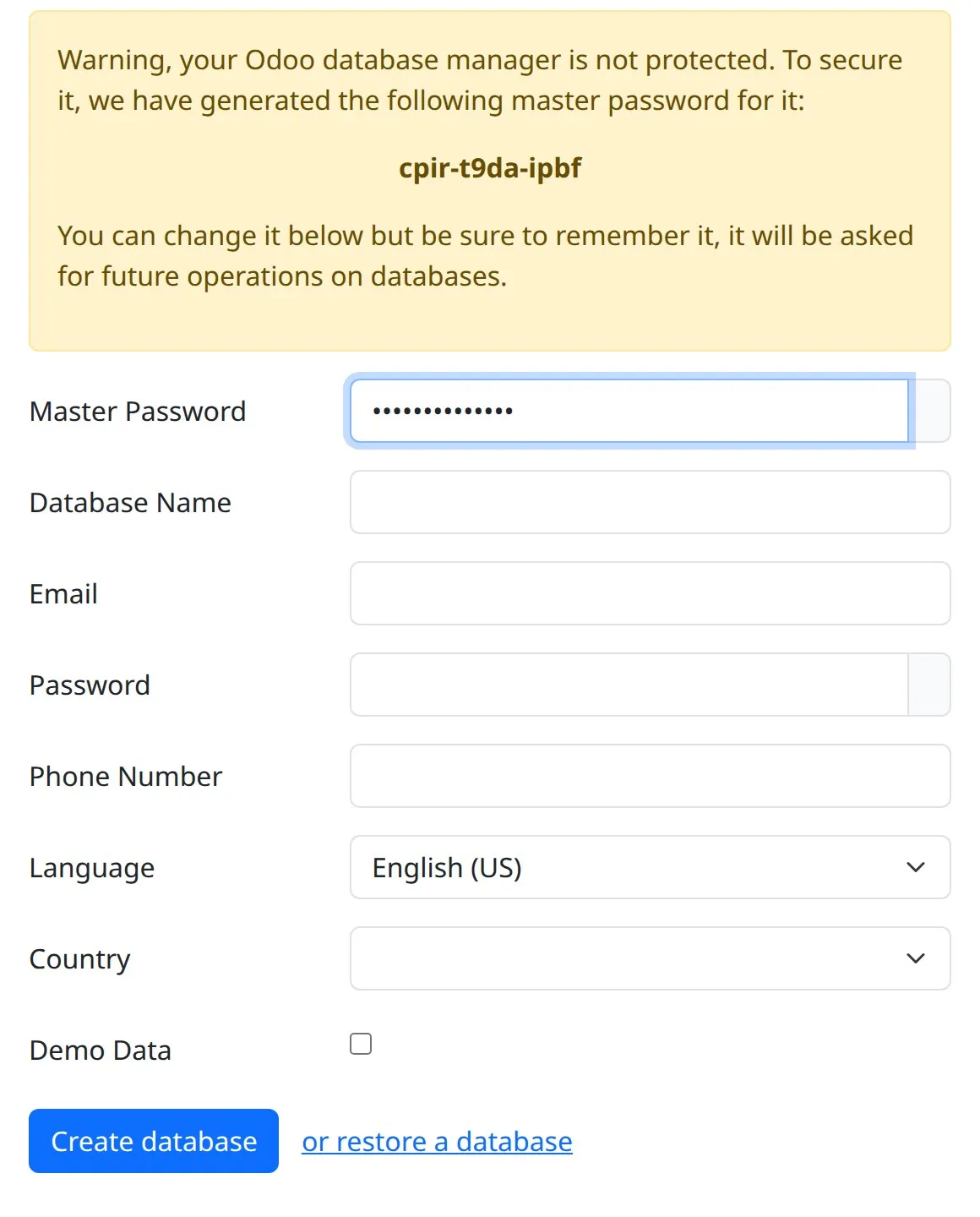 The Odoo 20 database creation form, with a generated master password and fields for database name, email, password, phone, language, country, and demo data