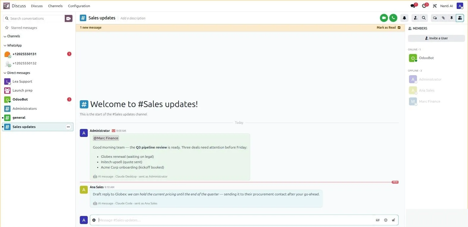 A Discuss channel in Odoo where an AI posted messages: an @mention pill, formatted text, and the footer AI message · Claude Desktop · sent as Administrator, with WhatsApp conversations in the sidebar.