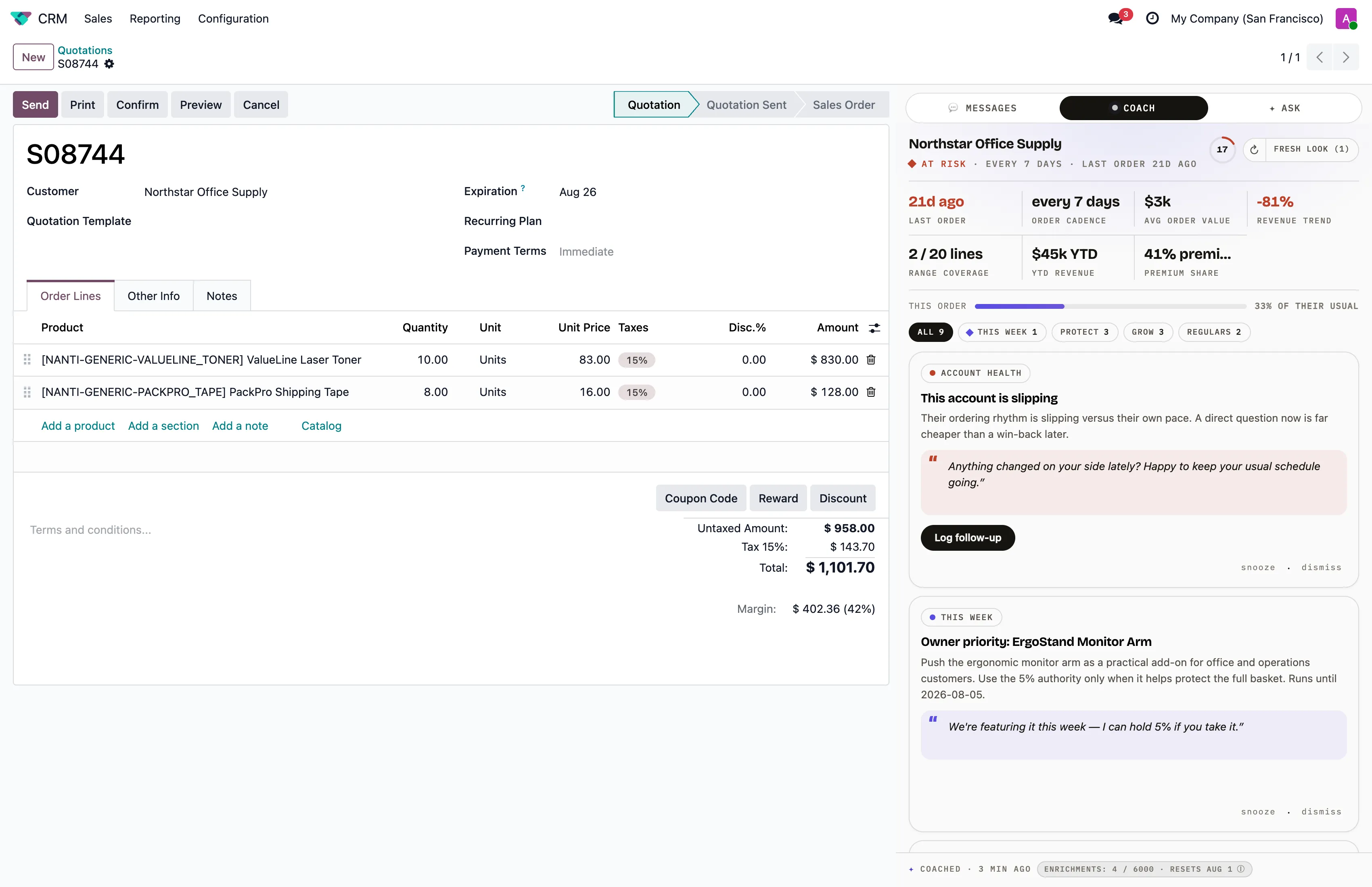 An Odoo quotation for Northstar Office Supply with the Nanti Sales Coach panel open beside it, flagging an account whose ordering rhythm is slipping and drafting a follow-up message.