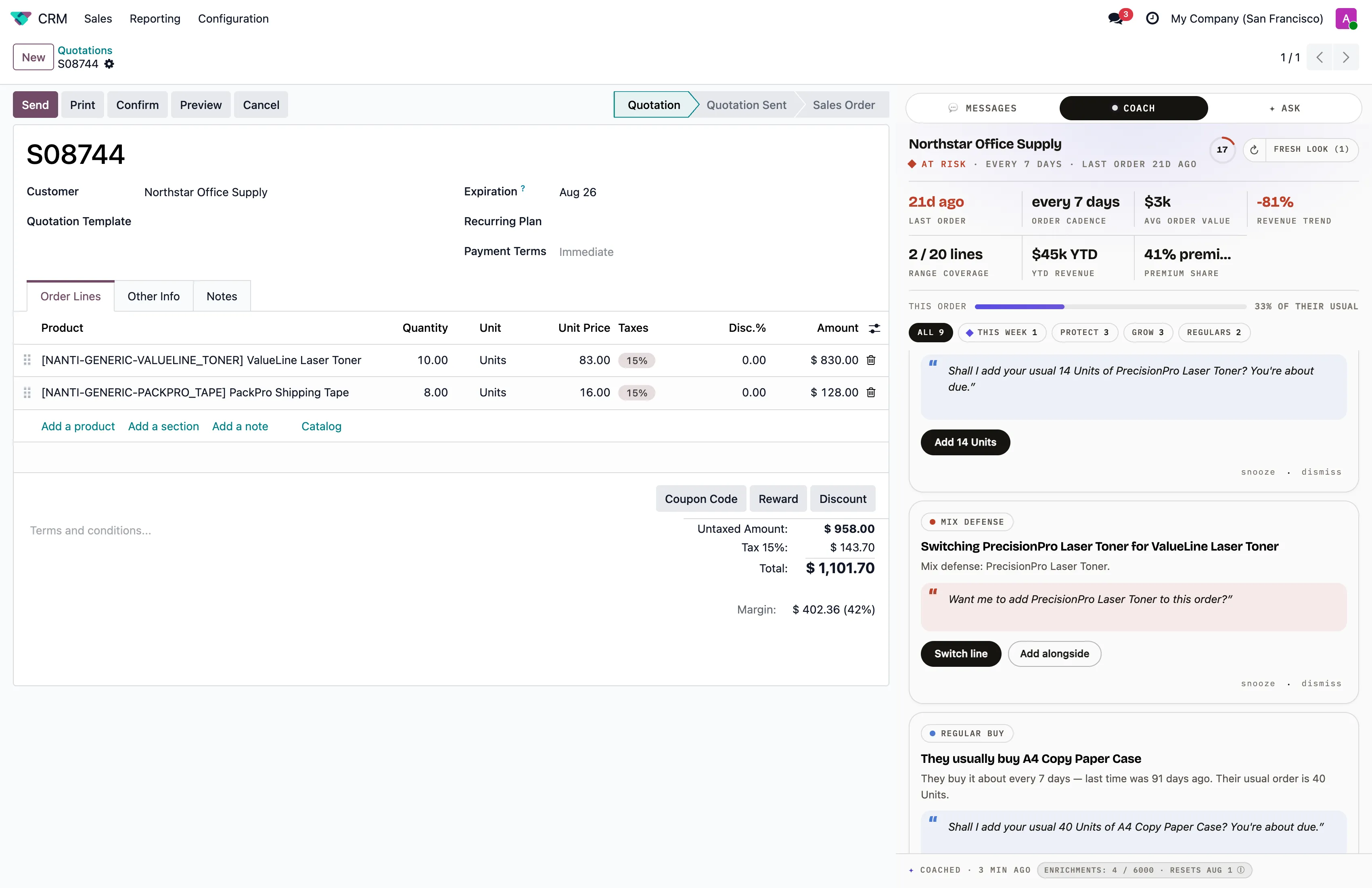 The Nanti Sales Coach on an Odoo quotation, catching a cheaper product on a line and suggesting the words to switch it back to the premium product.