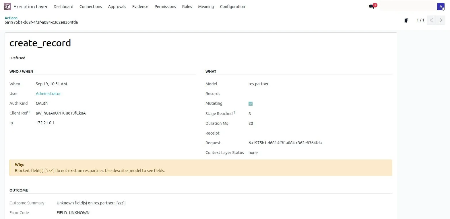 A refused create_record call with the Why panel: the plain-language reason that the field does not exist on res.partner, the suggestion to use describe_model, and the structured FIELD_UNKNOWN error code.