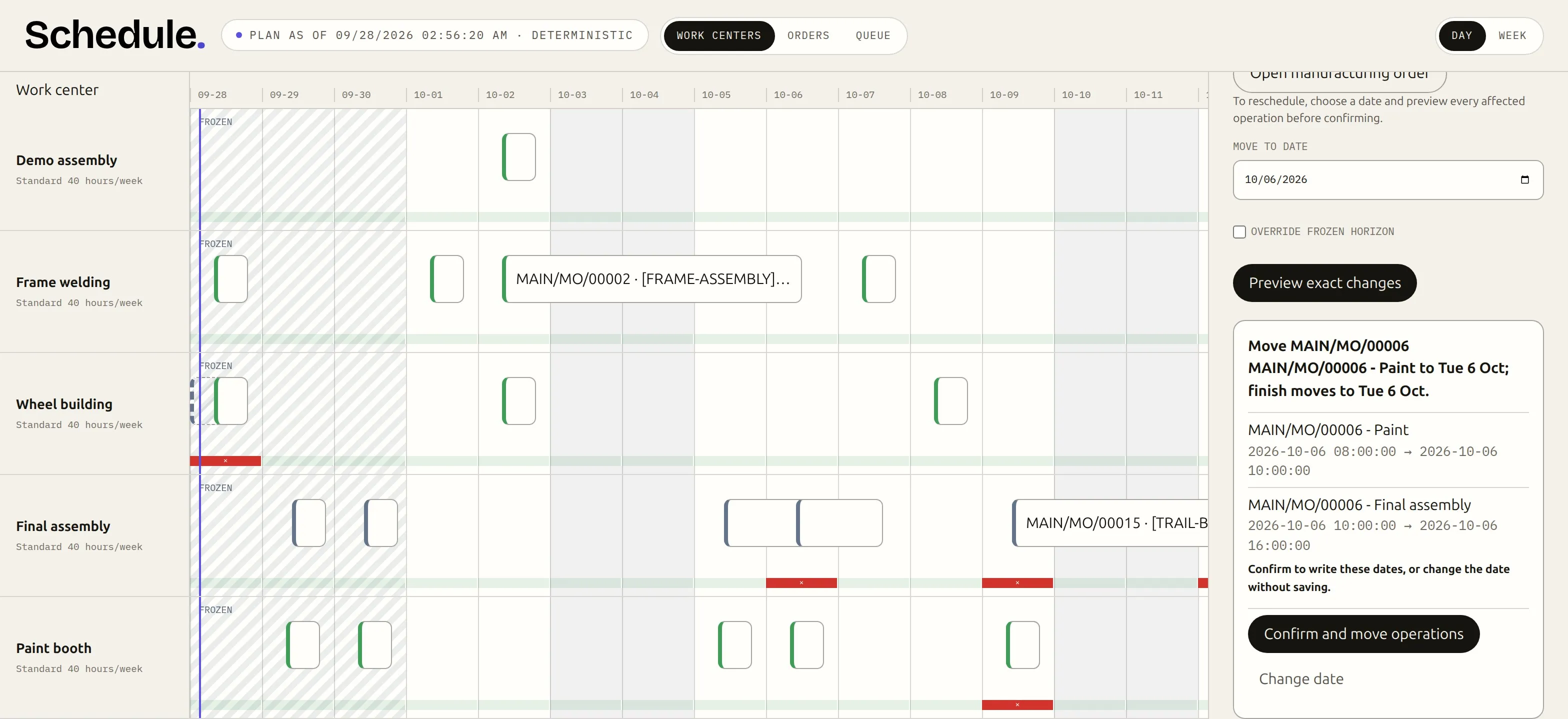 The reschedule drawer for MAIN/MO/00006 after Preview exact changes: Paint and Final assembly with their before and after times, a Confirm and move operations button, and Change date.