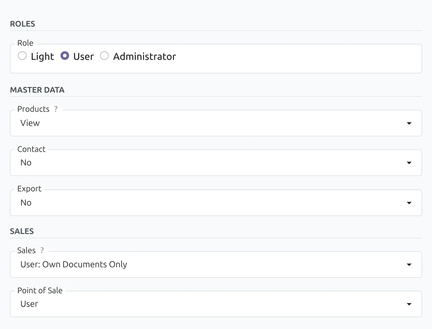 The same Odoo 20 user after Sales was set to User: Own Documents Only: the Role is now User