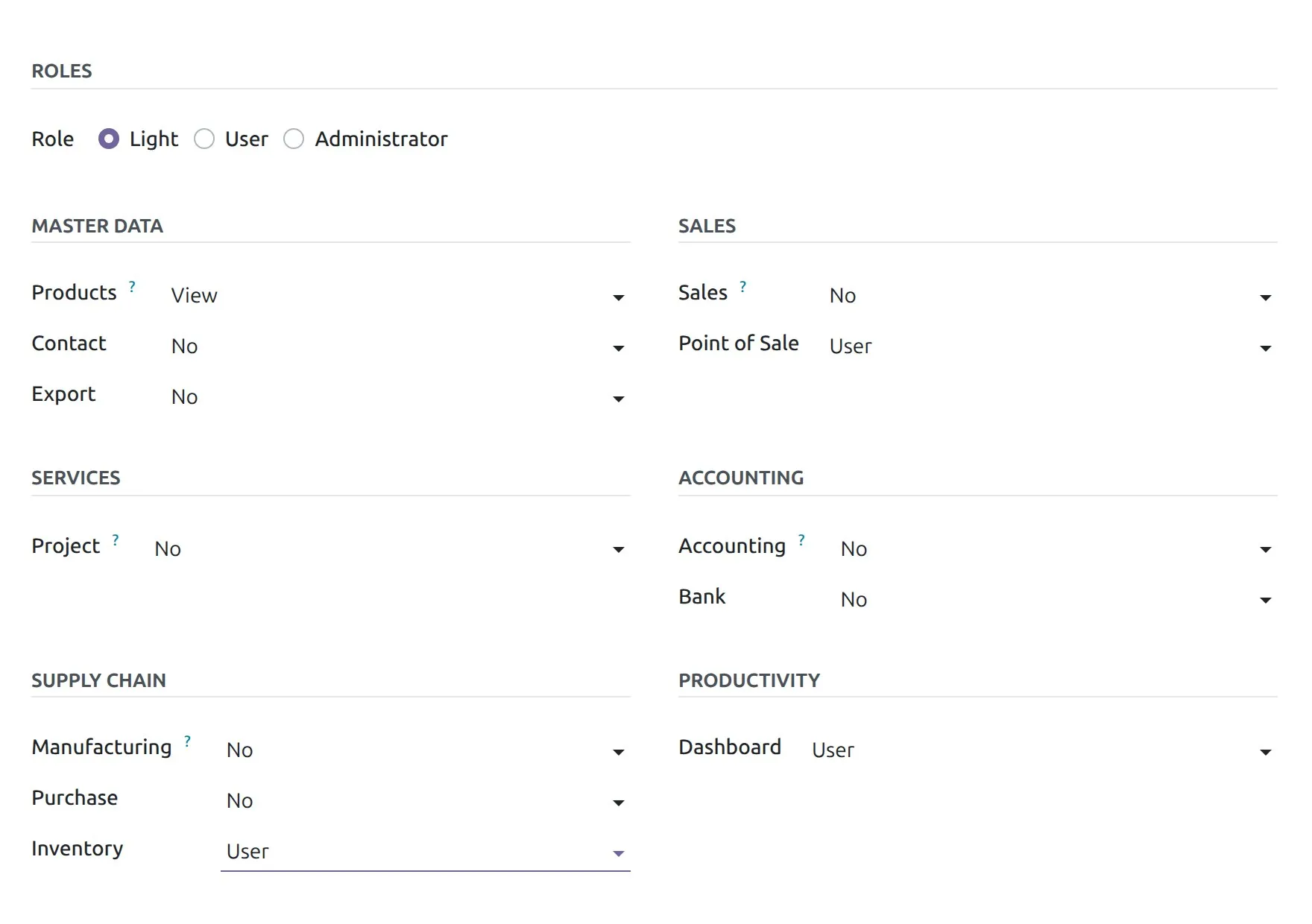 An Odoo 20 user with Role set to Light, Point of Sale set to User and Inventory set to User