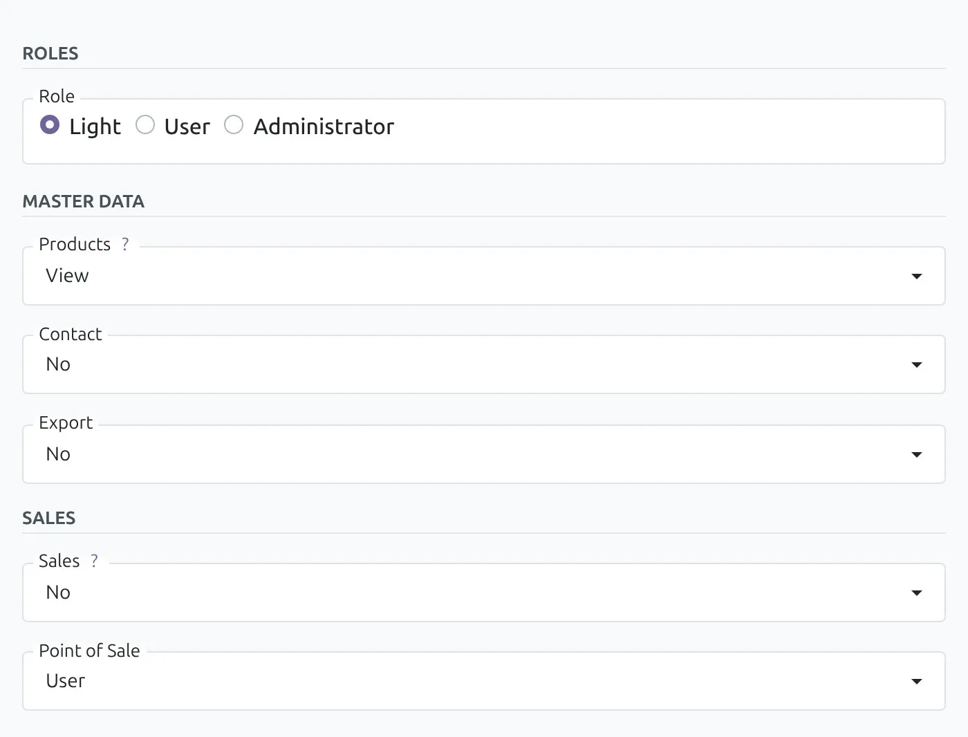 An Odoo 20 user form, Access Rights tab: Role set to Light, Products set to View, Sales set to No, and Point of Sale set to User