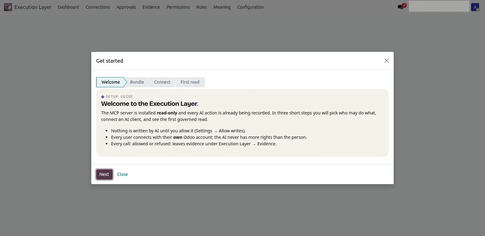 The Execution Layer setup guide wizard: Welcome, Bundle, Connect, and First read steps, explaining that the server installs read-only and every action is already recorded.