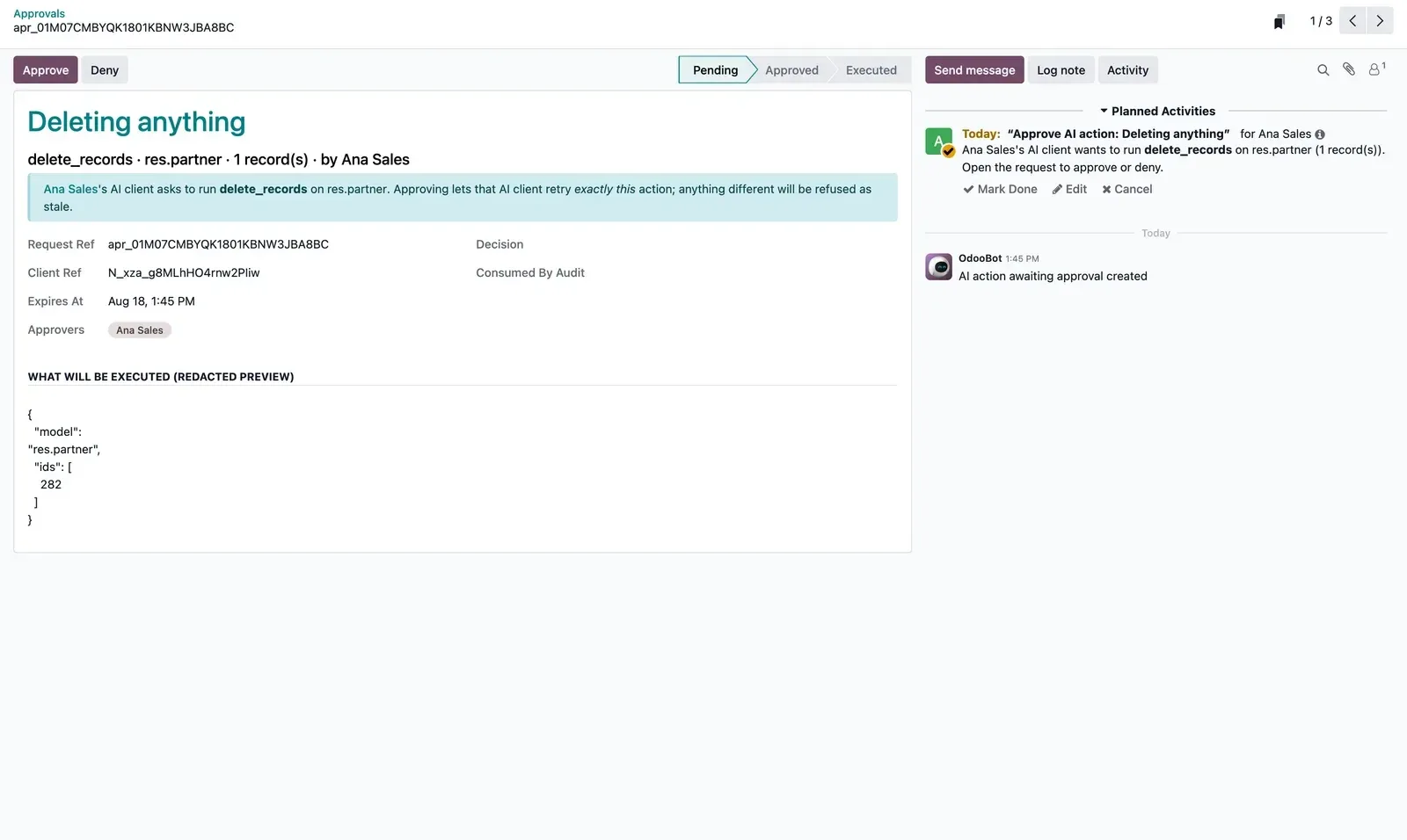 A payload-bound delete_records approval request moving through Pending, Approved, Executed, routed to Odoo’s activity inbox for a separate approver.