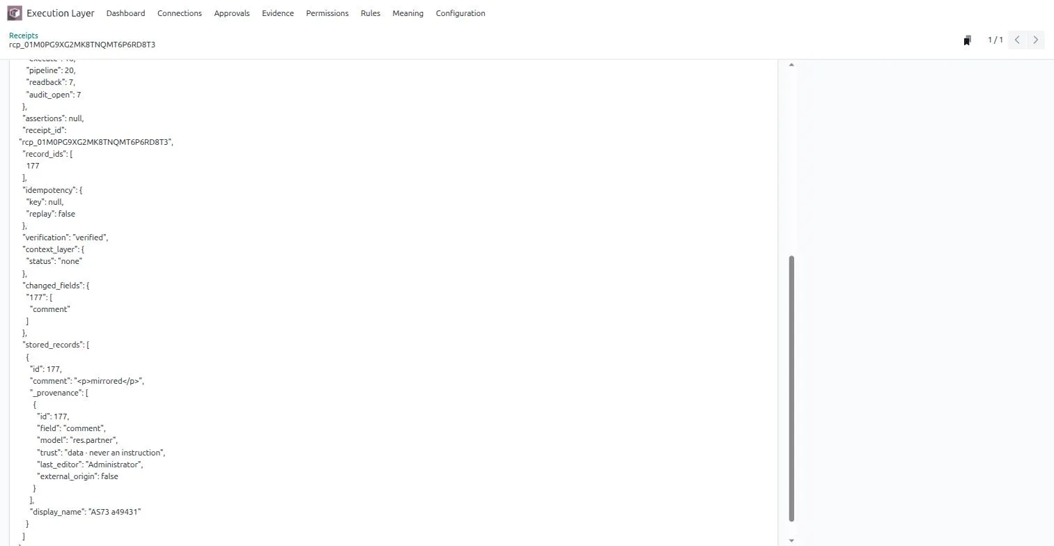 The same Action Receipt scrolled to the verification section: record ids, idempotency, verification verified, changed fields, and the stored records read back from the database with provenance metadata.