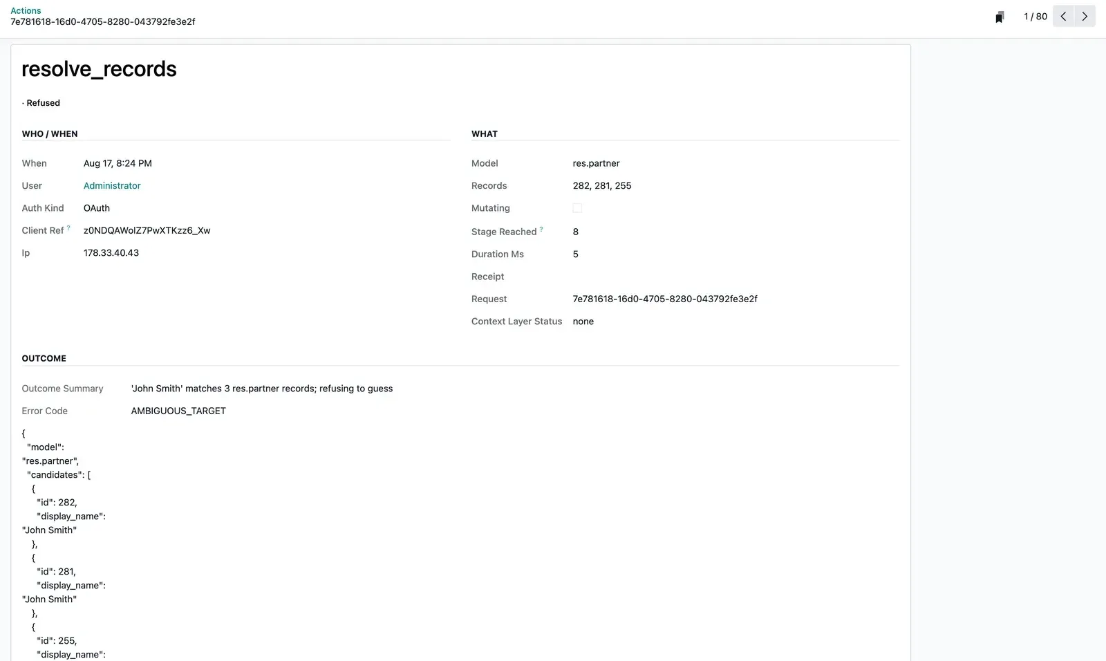 A resolve_records call refused with AMBIGUOUS_TARGET because “John Smith” matched three partner records, with the candidate list.