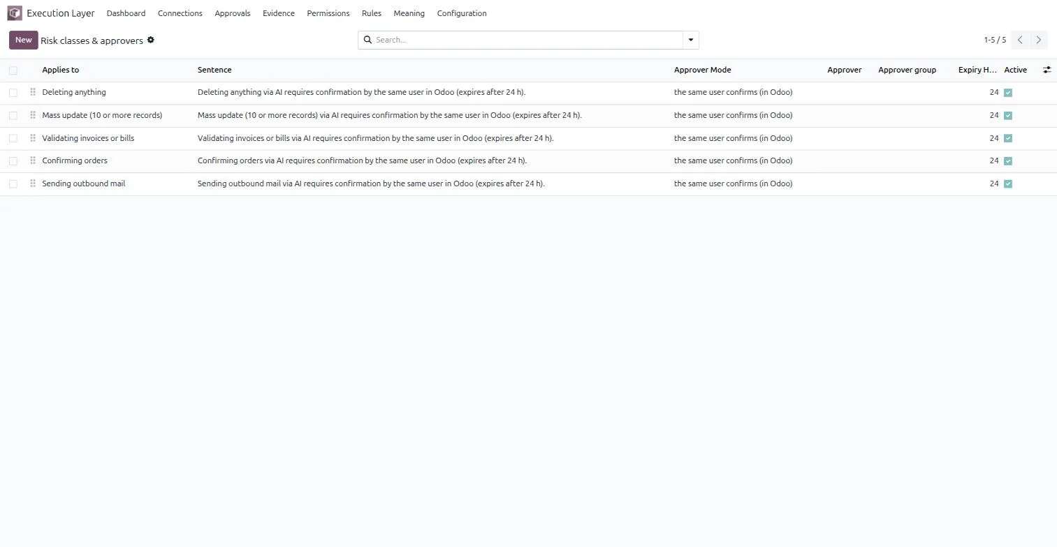 The risk classes and approvers list: deleting anything, mass updates of ten or more records, validating invoices and bills, confirming orders, and sending outbound mail, each requiring approval.