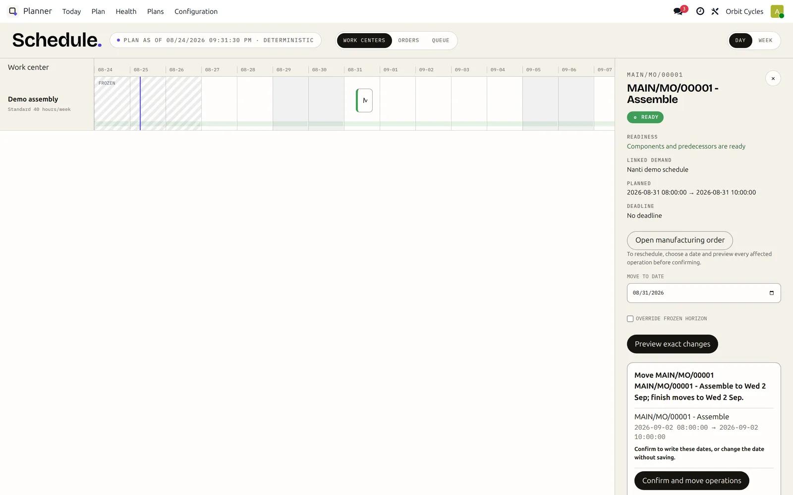 The schedule with a work-center lane, frozen band and now-line, and the reschedule drawer open: readiness, planned dates, a move-to date, and the ripple preview with exact before and after dates and a confirm button.